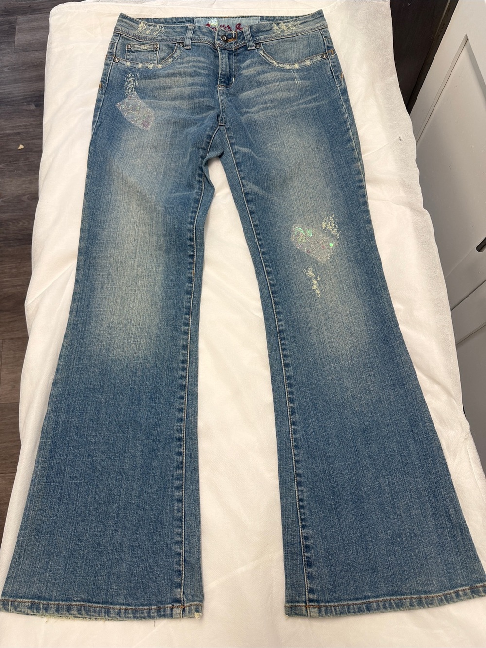 Candie's Light Blue Flared Jeans with Iridescent Sequin Heart Accents